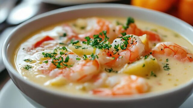 A creamy shrimp chowder garnished with parsley.