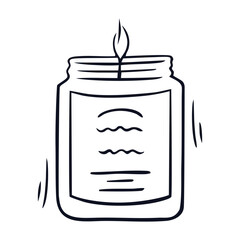 Simple black and white outline drawing of a burning candle in a jar with a label, perfect for concepts of relaxation, home comfort, and aromatherapy. Vector illustration	