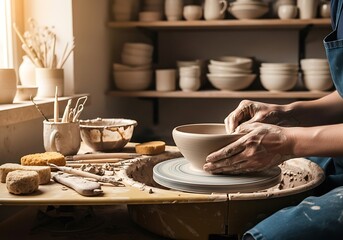 Obraz premium Hands shaping clay on pottery wheel with focus and care