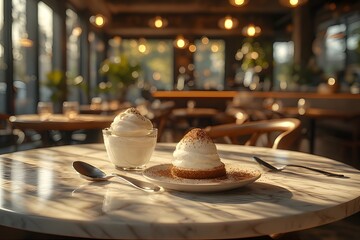 Delicious dessert on marble table in a bright cafe, perfect for brunch or afternoon delight
