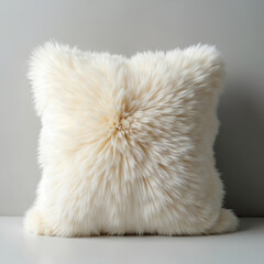 Fluffy white pillow with soft, plush texture, perfect for cosy home decor. Square cushion adds comfort, style to living room, bedchamber. Elegant design fabric furnishing enhances relaxation,