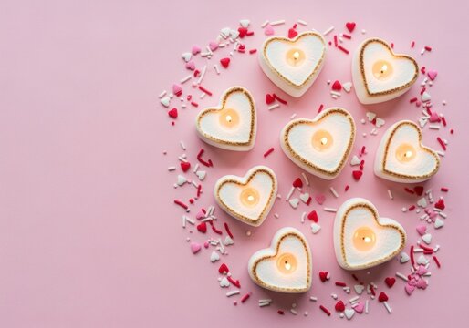 Romantic Cluster of Glowing Heart-Shaped Candles and Sprinkles on a Pastel Pink Background.