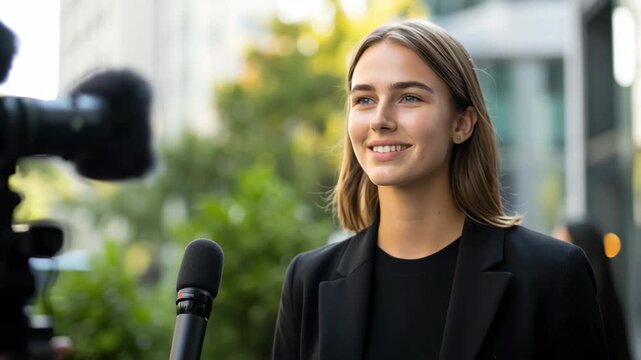 Young caucasian woman as a reporter or business person giving an interview in front of a camera with a microphone outdoors, footage.