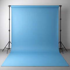 Empty photography studio with seamless blue backdrop and lighting stand
