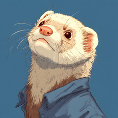 A white ferret with a blue shirt on