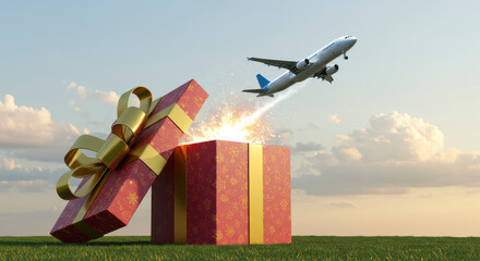 Surprise Airplane Gift Emerging From Red Box With Golden Ribbon Celebration