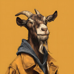 A goat wearing a blue hoodie and a yellow jacket