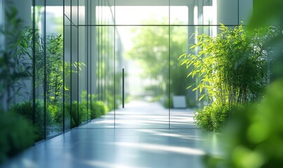Concept of a green office space, captured with a blurred effect to emphasize the peaceful, serene environment created by integrating nature into the design of a modern workplace, Generative AI