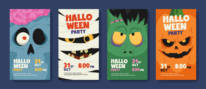 Cartoon invitations set with faces of monster characters for Halloween party. Hand drawn heads of zombie, mummy, pumpkin, monster. Holiday template design for print, flyer, banner, social media