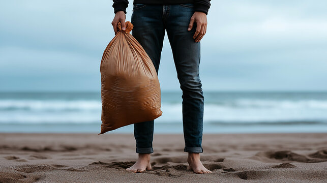 AI generator images of Collecting trash in the sea, Global environmental pollution. A volunteer collects plastic bottles on the ocean shore. Cleaning of the coastal zone. The concept of environmental 