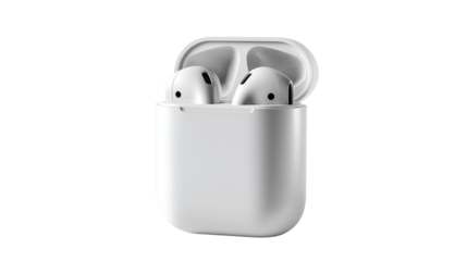 wireless earbuds in charging case, isolated on white background