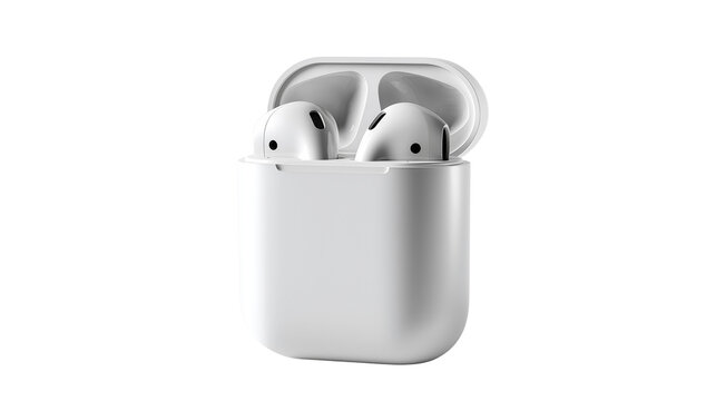 wireless earbuds in charging case, isolated on white background