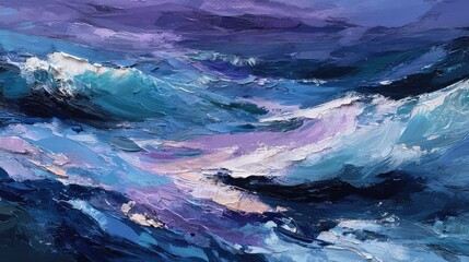 Fototapeta premium Abstract Oil Painting of a Stormy Sea with Dynamic Waves and Rich Textures in Shades of Blue, Purple, and White Capturing the Essence of Ocean Energy