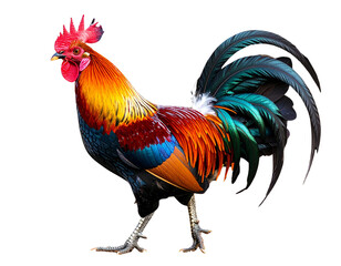Fototapeta premium Rooster in Dynamic Walking Pose with Flowing Tail Feathers, Isolated on Black Background PNG