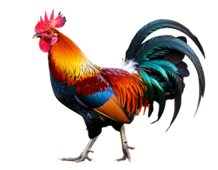  Rooster in Dynamic Walking Pose with Flowing Tail Feathers, Isolated on Black Background PNG