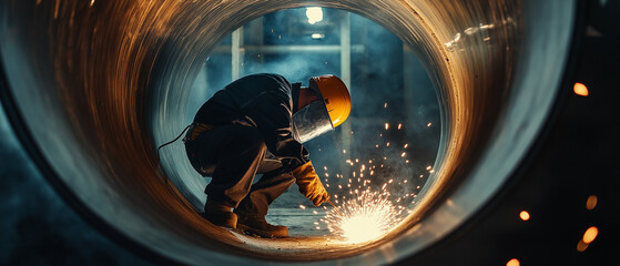 AI generator images of Mig ,Metal Inert Gas Welding Machine Stainless Steel Pipe Welding, Welders at oil refineries weld high-pressure pipes. Metal arc welding uses a continuous supply of consumable 