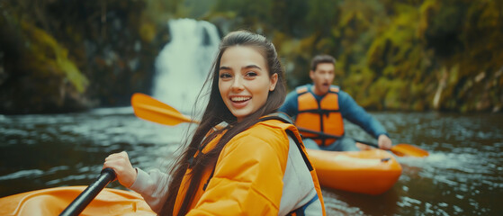 Obraz premium AI generator images of Rafting competition ,water rafting on alpine river and waterfall, Raft, river and people in boat with rocks for fun adventure, holiday and outdoor vacation with friends. Extreme
