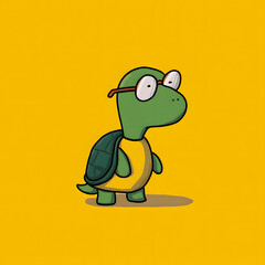 A cartoon turtle wearing glasses and a yellow shirt