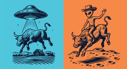 Alien Cowboy Comic with UFO and Bull Vector Illustration © Dmytro
