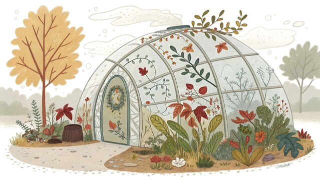 Organic retro-futuristic greenhouse with mid-century glass domes housing diverse autumn plants, hand-drawn flows of vines and circuits symbolizing eco-inclusivity