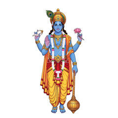 Fototapeta premium Sacred vector illustration of the four-armed Hindu god Vishnu holding a conch, lotus, and mace.