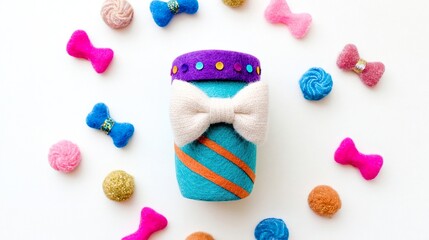 Playful Felt Candy Jar with Striped Glass Effect and Polka Dot Lid Topped by Fluffy Bow