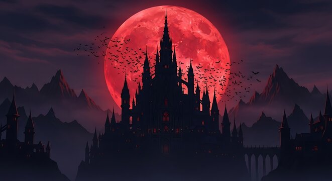 Gothic Castle Silhouette Against Blood Red Moon, Bats Flying, Mountain Range Background, Dark Fantasy, Halloween.