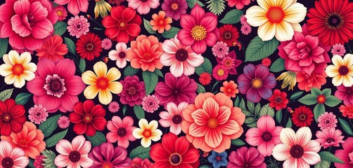 Overlapping floral patterns in diverse styles and sizes create a rich, dynamic design, shape, trend