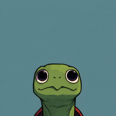 A cartoon turtle with a red shell is looking at the camera