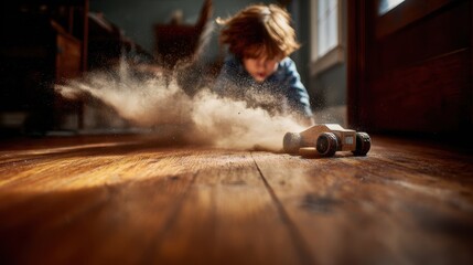 A young boy plays energetically with a wooden toy car, kicking up a cloud of dust on a sunlit hardwood floor.