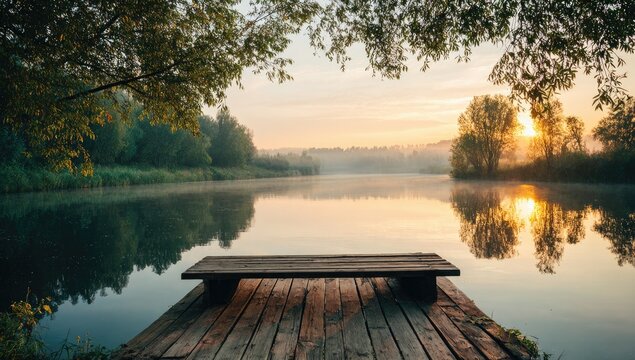 Wooden dock bench at sunrise over misty lake