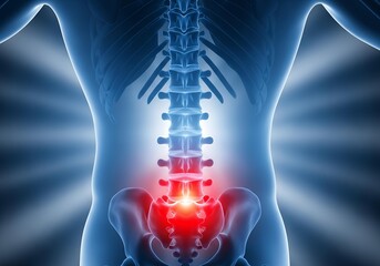 Digitally rendered human spine with lower back pain highlighted in red. Medical illustration shows the lumbar region, pelvis, and spinal column. Ideal for healthcare