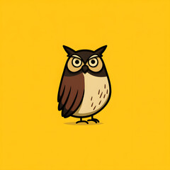 A cartoon owl is standing on a yellow background