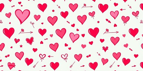 Seamless Valentine's Day pattern featuring hearts, arrows, and ribbons in a repeating design, texture, holiday