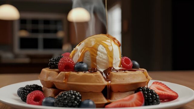 Warm breakfast waffles with berries and ice cream warm maple syrup drizzle close up food image
