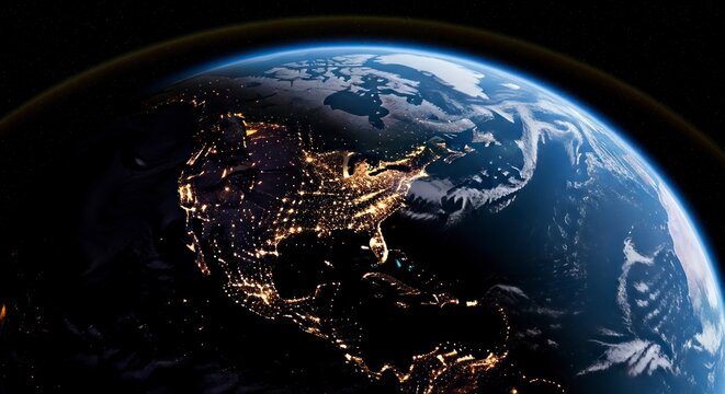 Illuminated North America at Night - A Glowing Tapestry of City Lights from Space. - Powered by Adobe