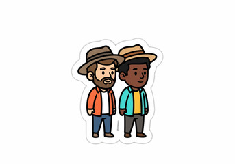 Cartoon Illustration of Two Men Wearing Hats, Diverse Friendship