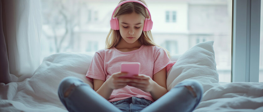 AI generator images of Buddyphones Play and Pink Kinder Headsets, Cute little girl in headphones is using a tablet at home ,Concept: Recreation, enjoy watching movies, listening to music and studying