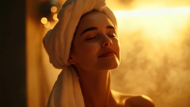 Woman with towel on head enjoying facial steam skincare routine in spa, relaxation and wellness with warm light, beauty care and self care for ultimate calm and peaceful experience