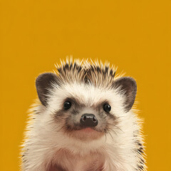 A white and brown hedgehog is looking at the camera