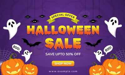 Halloween Sale banner design with pumpkins, ghosts, bats, and dark night background. Perfect for flyers, posters, ads, and seasonal promotions.