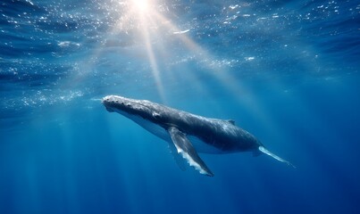 Fototapeta premium a blue whale deep under the water swimming on the deep
