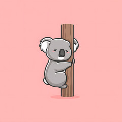 A cartoon koala is holding onto a wooden post
