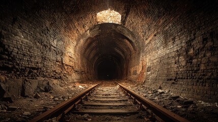 Naklejka premium Abandoned Underground Tunnel with Dim Lighting and Rusty Railroad Tracks Surrounded by Weathered Brick Walls and Debris in a Dark, Mysterious Environment