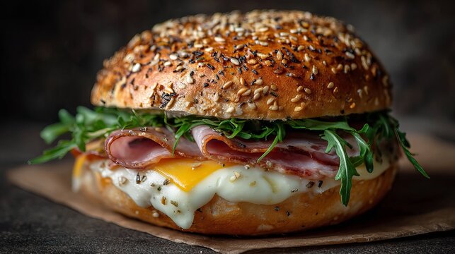 Delicious bagel sandwich with ham, cheese, and fresh greens, perfect for breakfast or lunch - Powered by Adobe