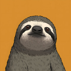 A cartoon of a sloth with a black nose and a white stripe on its face