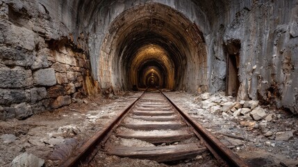 Naklejka premium Dark Abandoned Tunnel with Old Railroad Tracks Leading Into Mysterious Depths, Evoking Atmosphere of Adventure and Exploration in an Eerie Setting