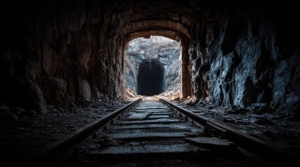 Obraz premium Dark and Mysterious Abandoned Mine Tunnel with Old Wooden Train Tracks Leading into Two Shadowy Openings in the Rocky Landscape