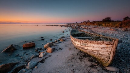 Tranquil Sunset Over Calm Waters Featuring a Weathered Fishing Boat on a Rocky Shoreline, Illuminated by Soft Pastel Colors of Twilight