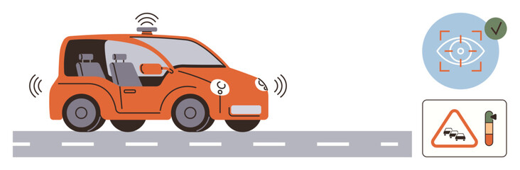 Self-driving car emitting signals, detecting road hazards, sensors monitoring traffic, and vision recognition. Ideal for autonomous driving, smart cities, safety tech, AI systems, transportation